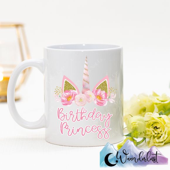Birthday Princess Unicorn Floral Glitter Coffee Mug