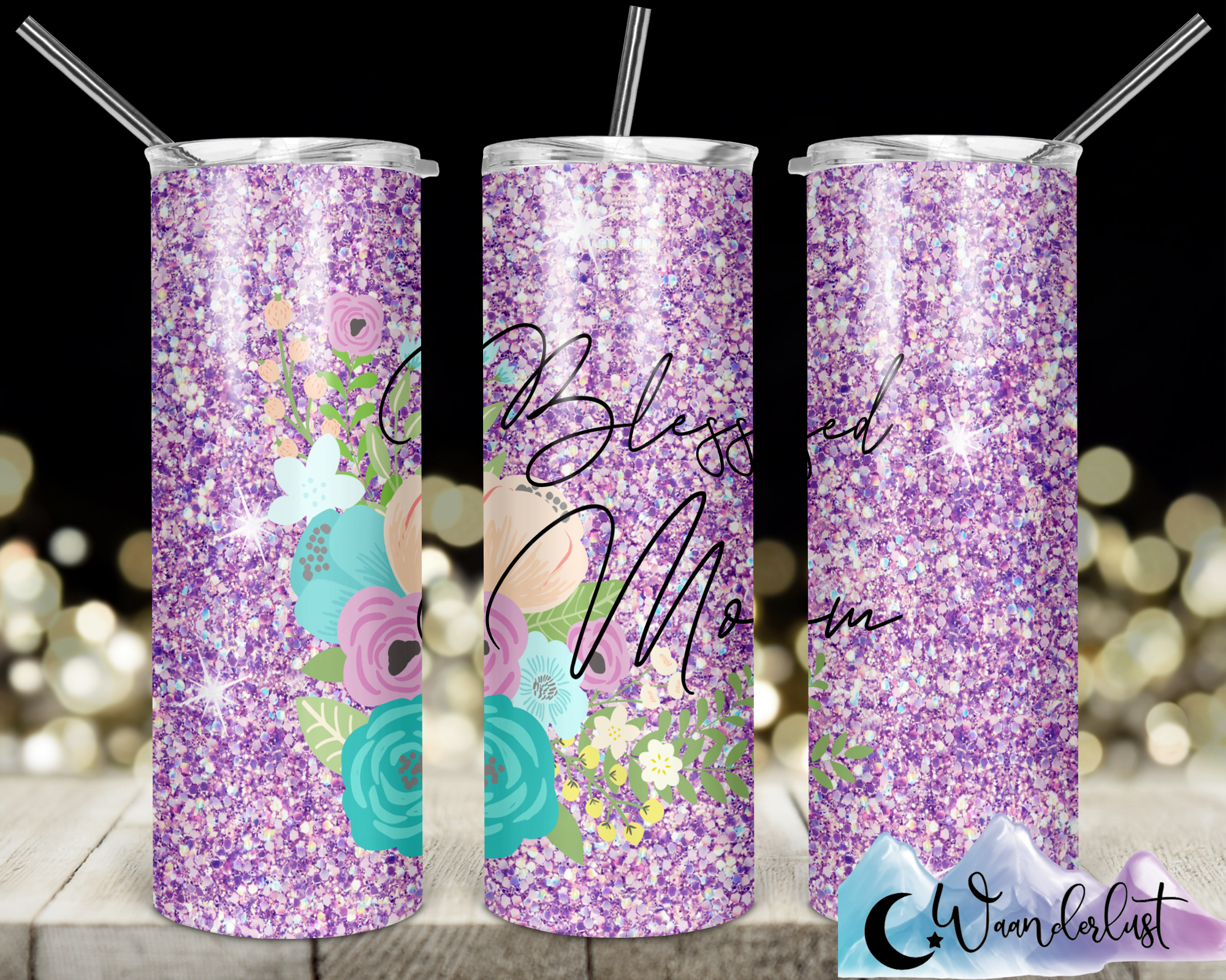 Pink Glitter Blessed Mama Tumbler