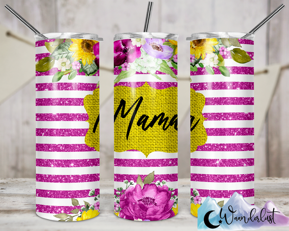 Pink Stripped Glitter Floral Mama 20 oz Straight Tumbler